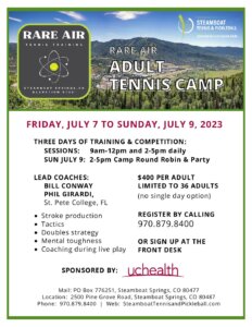 July 7-9 Rare Air Adult Tennis Camp